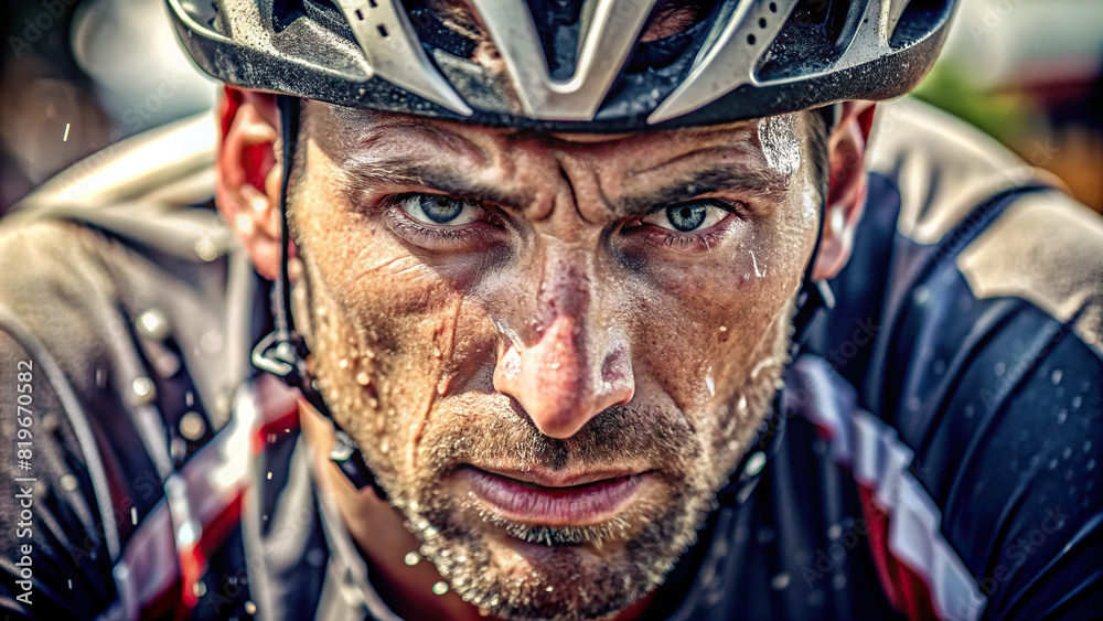 Close-up of a serious cyclist's face covered in sweat during a challenging race, highlighting their dedication to the sport 