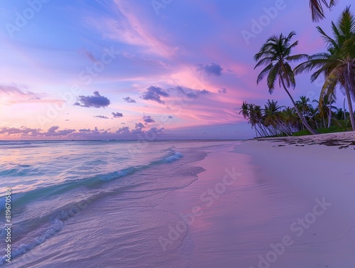 A beautiful beach with a palm tree and a sunset in the background