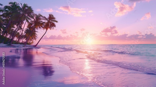 A beautiful beach with a palm tree and a sunset in the background