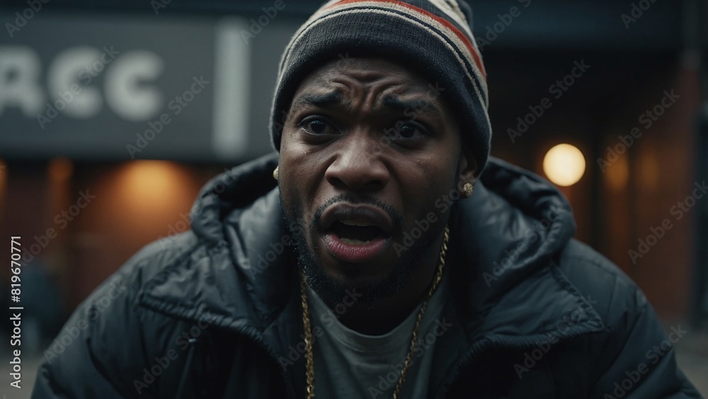 a man in a hat on the street with his mouth open and his face expressing emotions