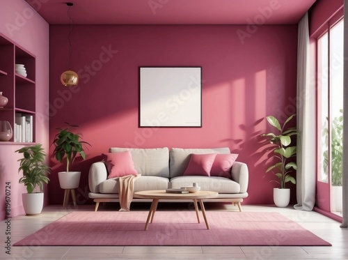 Home mockup, contemporary room interior background, Raspberry color