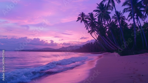 A beautiful beach with a palm tree and a sunset in the background