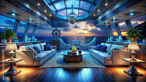 Luxurious yacht interior design with clean  nautical-themed decor and clear ocean views