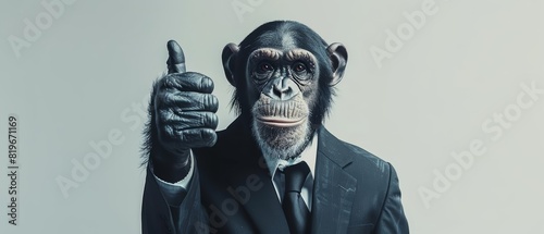 A top view of a chimpanzee in a suit giving a thumbsup