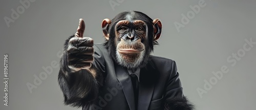 A top view of a chimpanzee in a suit giving a thumbsup