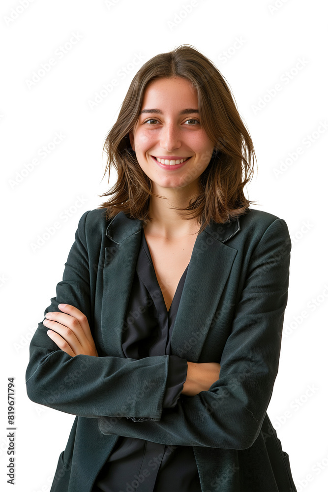 Confident Young Asian Woman in Blazer Smiling and Standing with Arms Crossed on PNG Cutout Transparent Background Confident Young Asian Woman in Blazer Smiling and Standing with Arms Crossed on PNG Cutout Transparent Background