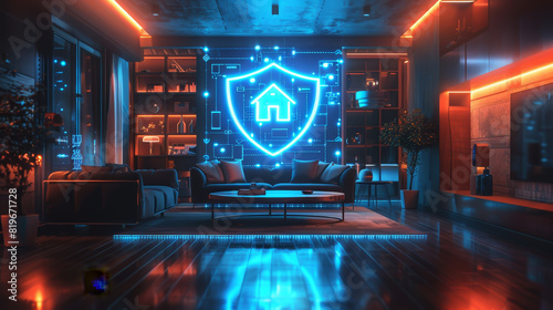 Futuristic living room with neon blue shield emblem and modern interior design elements., Security guard,smart Home, Smart Life