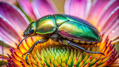 Close-up of a beetle beetle on a flower, with its metallic sheen and segmented body