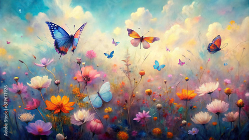 Delicate butterflies dance among the vibrant petals of a field of wildflowers  their graceful movements a symphony of color against the azure sky