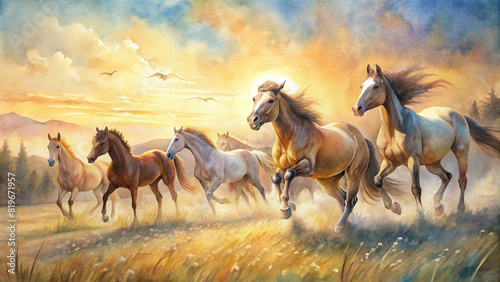 A magnificent herd of wild horses galloping across an open meadow  their graceful movements captured in the golden sunlight.