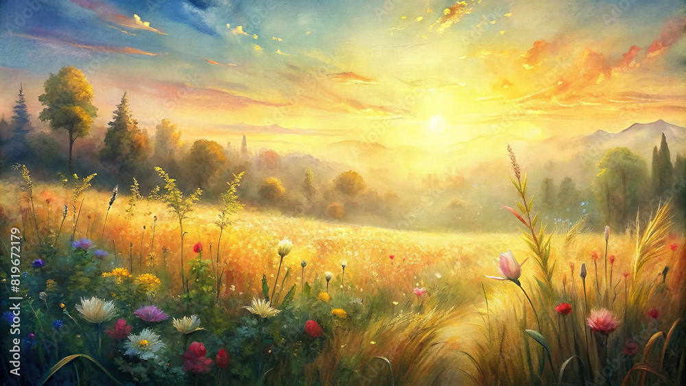A peaceful meadow bathed in golden sunlight, with wildflowers swaying gently in the breeze.