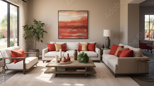 Interior of modern living room with white walls  carpet on the floor  comfortable sofa and coffee table  Modern living room with sofa and mockup cushions