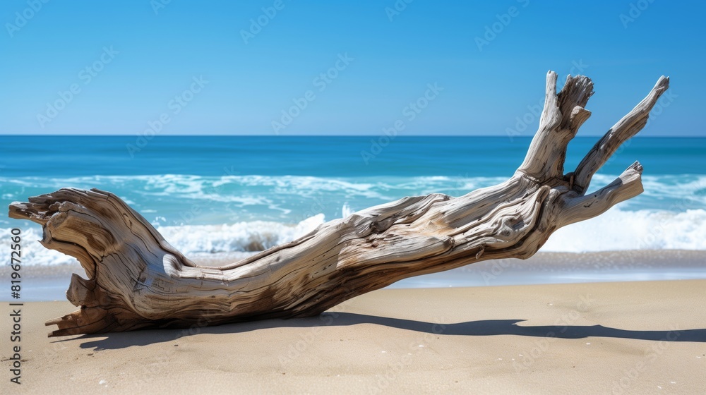 Driftwood on sandy beach with ocean view, highlighting nature's beauty. Driftwood on sandy beach with ocean view, highlighting nature's beauty.