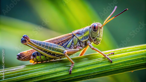 Close-up of a grasshopper on a blade of grass, with clear focus