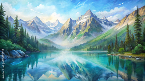 A serene mountain lake nestled among towering peaks, with clear blue water reflecting the surrounding landscape. photo
