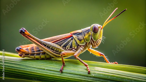 Close-up of a grasshopper perched on a blade of grass, clear background