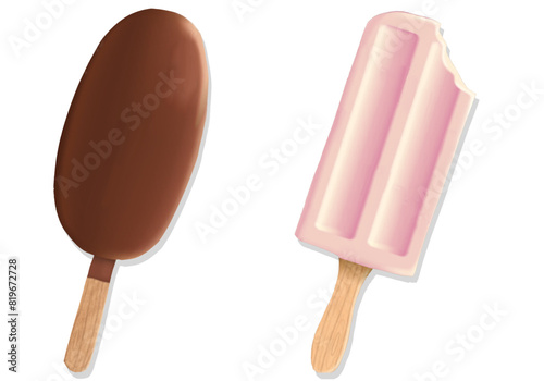 Ice cream on a stick. Chocolate and cream and strawberry popsicle. Summer sweet cold desserts realistic 3d vector illustration set. ideal for stickers, scrapbooking, sublimation, decoration - icons