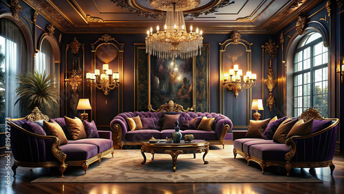 Opulent living area with velvet sofas, gold accents, and crystal chandelier