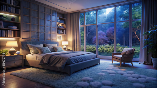 Serene master bedroom with neutral tones, plush carpeting, and a cozy reading nook nestled by a large window overlooking a lush garden.