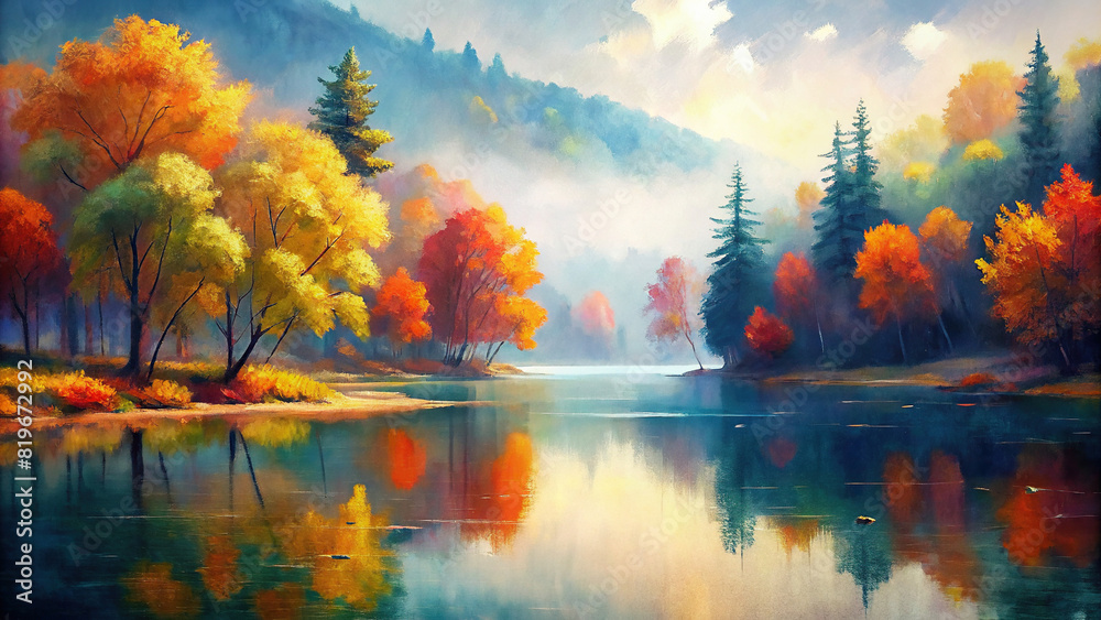 A tranquil lake reflecting the vibrant colors of the surrounding autumn foliage, creating a picturesque scene.