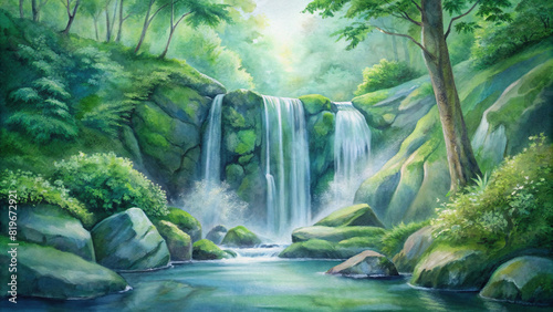 A peaceful waterfall cascading down moss-covered rocks in a lush forest setting  surrounded by verdant greenery.