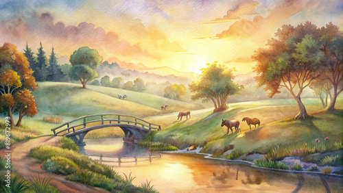 A peaceful countryside scene with a winding river, grazing horses, and a charming wooden bridge bathed in the warm light of the setting sun photo