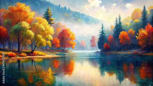 A tranquil lake reflecting the vibrant colors of the surrounding autumn foliage, creating a picturesque scene. photo