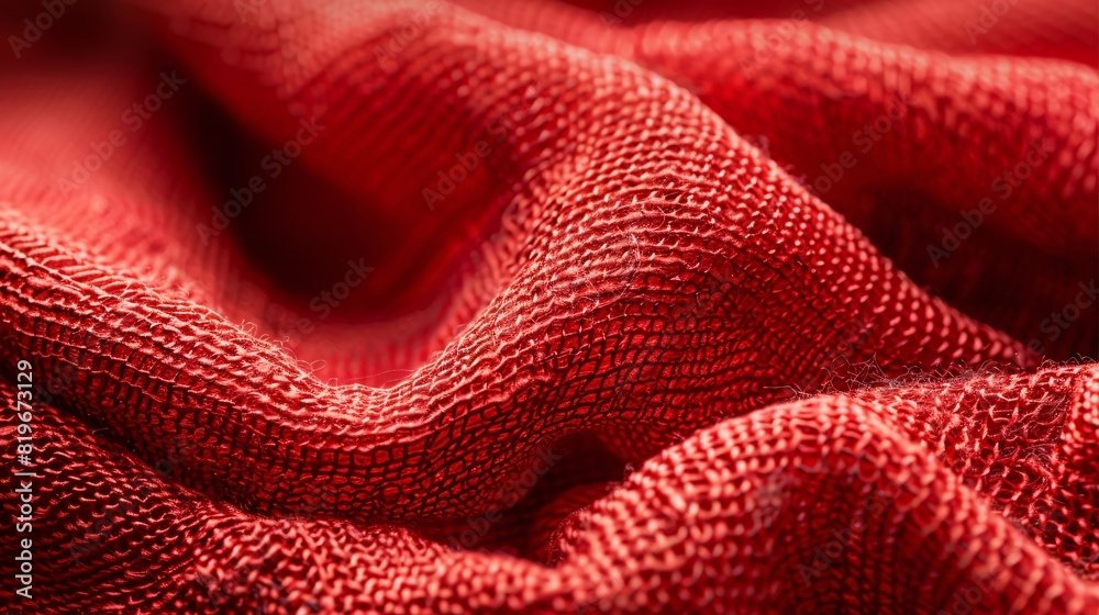 Vivid close-up of red jersey fabric, showcasing detailed fabric quality