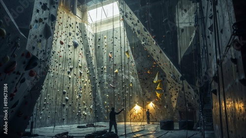 Wide indoor rock climbing gym with people climbing and belaying photo