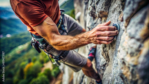 Detailed shot of a serious climber's hands gripping a rock ledge during a challenging ascent, demonstrating their strength and determination  photo