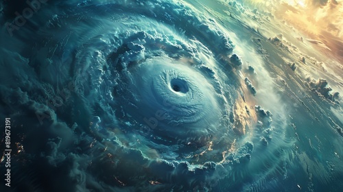 Illustration of a powerful hurricane swirling over the ocean, depicting its immense size and destructive potential. photo