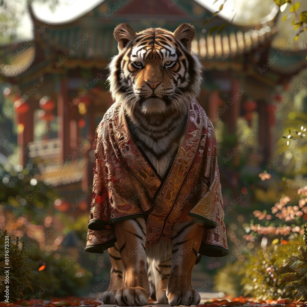 Tiger in Traditional Chinese Robe Strolling through a Palace Garden in D Rendered Image