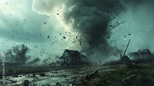 A tornado rips through a rural landscape, tossing debris into the air and leaving destruction in its wake.