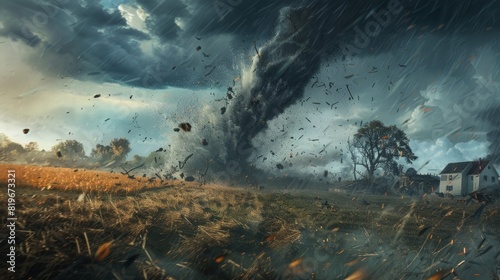 A tornado rips through a rural landscape, tossing debris into the air and leaving destruction in its wake. photo