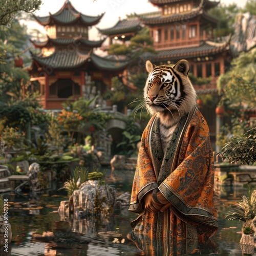 Tiger in Traditional Chinese Robe Strolls Peacefully Through Opulent Palace Gardens