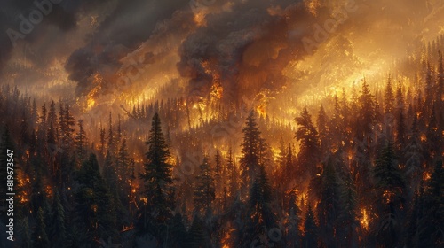 A raging wildfire spreads rapidly through a forest, engulfing trees and sending plumes of smoke into the sky. photo