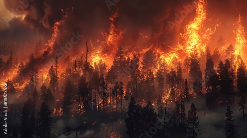 A raging wildfire spreads rapidly through a forest, engulfing trees and sending plumes of smoke into the sky. photo