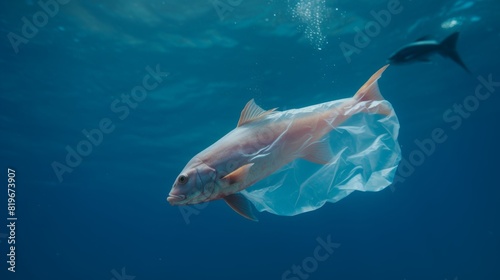 A fish trapped in a plastic bag, struggling to swim. photo