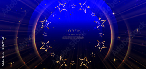 Golden star with golden on dark blue background with lighting effect and sparkle. Luxury template celebration award design.