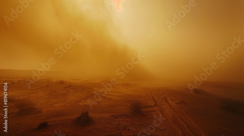 A sandstorm engulfs a desert landscape, reducing visibility to near zero and coating everything in a fine layer of dust.