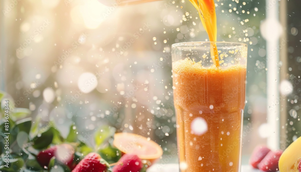 Close-up of pouring fresh orange juice into a glass. Close-up of pouring fresh orange juice into a glass.