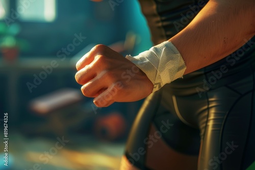 Close-up of a woman's hand with a bandage on her wrist. photo