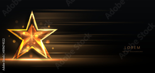 Golden star on black background with lighting effect and sparkle. Luxury template celebration award design. photo