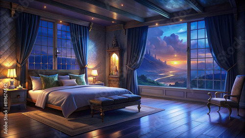 Spacious bedroom with a king-sized bed, soft linens, and panoramic windows