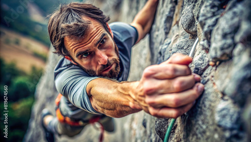 An intense close-up of a determined climber's hands gripping the rock face tightly, showcasing the focus and commitment required for the sport photo