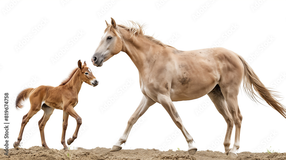 A mother horse and her foal trotting on sandy ground, showcasing their graceful movement and strong bond, against a white background.
