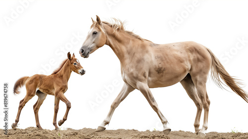 A mother horse and her foal trotting on sandy ground  showcasing their graceful movement and strong bond  against a white background.