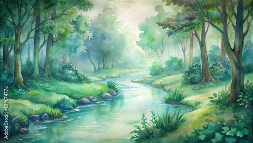 A watercolor illustration of a serene forest clearing with a gentle stream flowing through, surrounded by lush foliage.