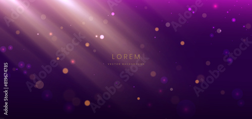 Abstract gold glowing lines on dark purple background with particles, bokeh.