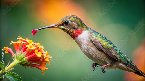 Detailed image of a hummingbird sipping nectar from a flower, clear background